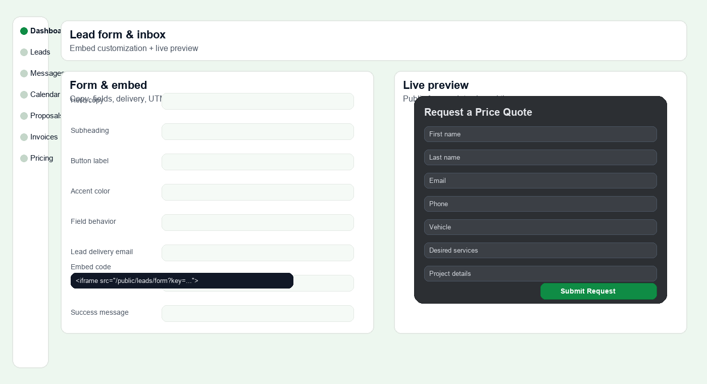 Lead form setup with a live preview.