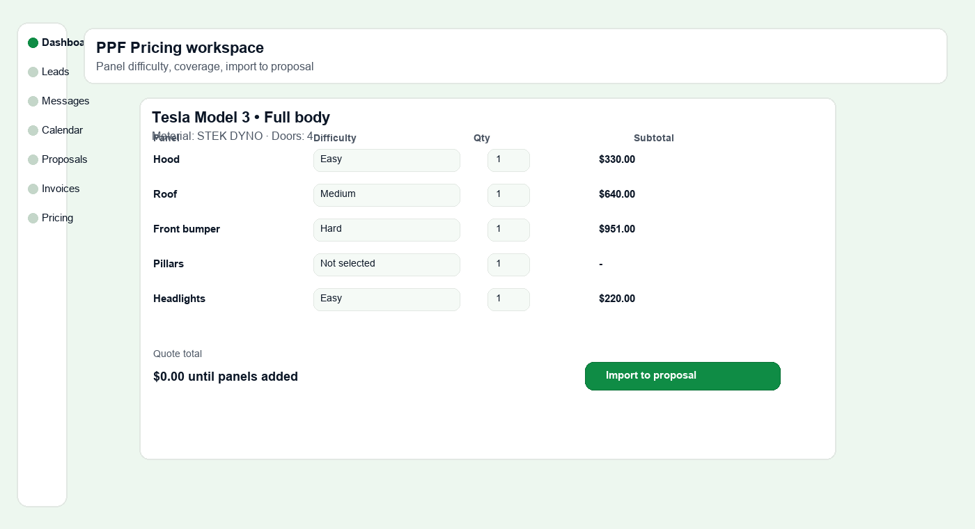 Pricing screen with services, line items, and totals.
