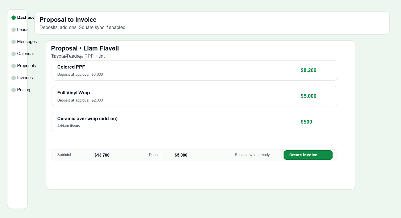 Proposal screen with options, deposits, and payment steps.